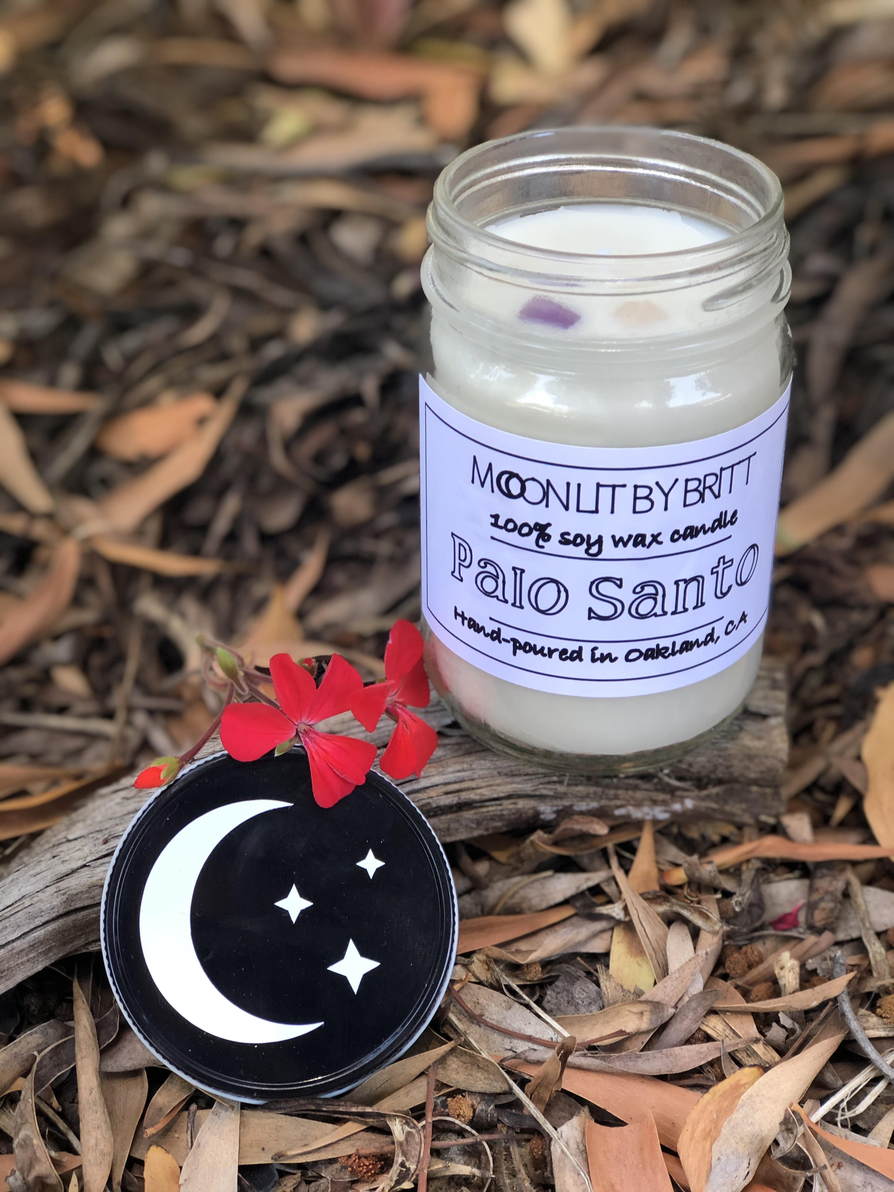 palo santo candles in wood in oakland california in recycled jar with crystals