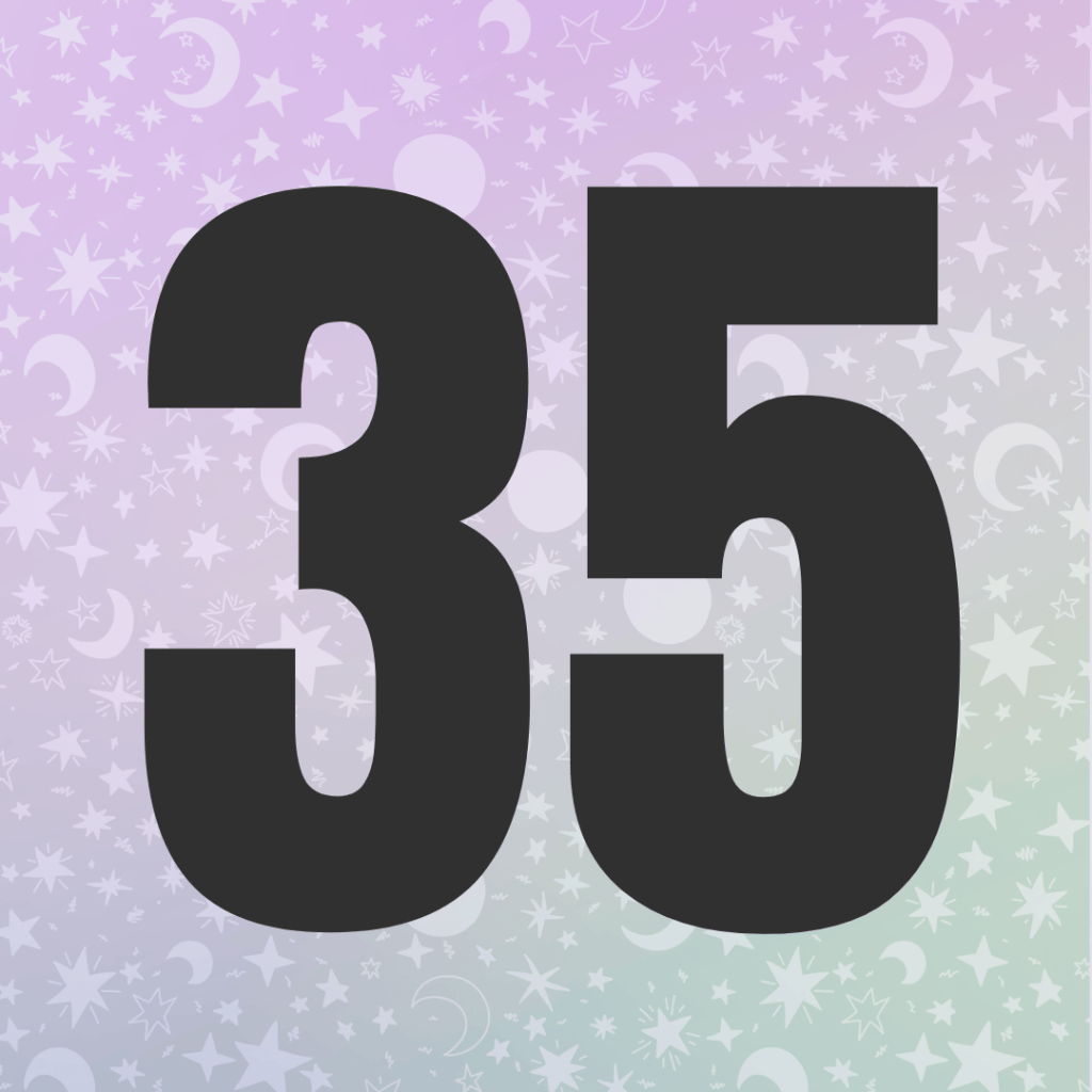The number 35 in large black font on a pastel gradient background with stars and crescent moons.