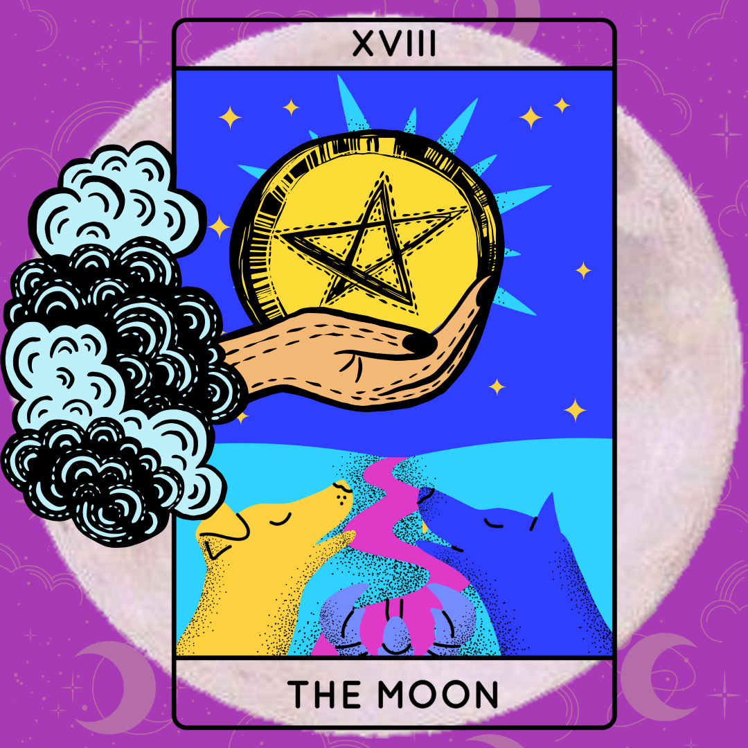 A colorful tarot card titled 'The Moon', featuring a hand holding a pentacle, with two stylized dogs (one yellow and one blue) and mystical symbols in the background.