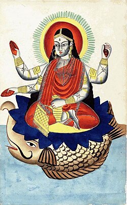 A depiction of a goddess sitting gracefully on a large fish, adorned in a vibrant red and gold outfit, displaying multiple arms and holding various objects.